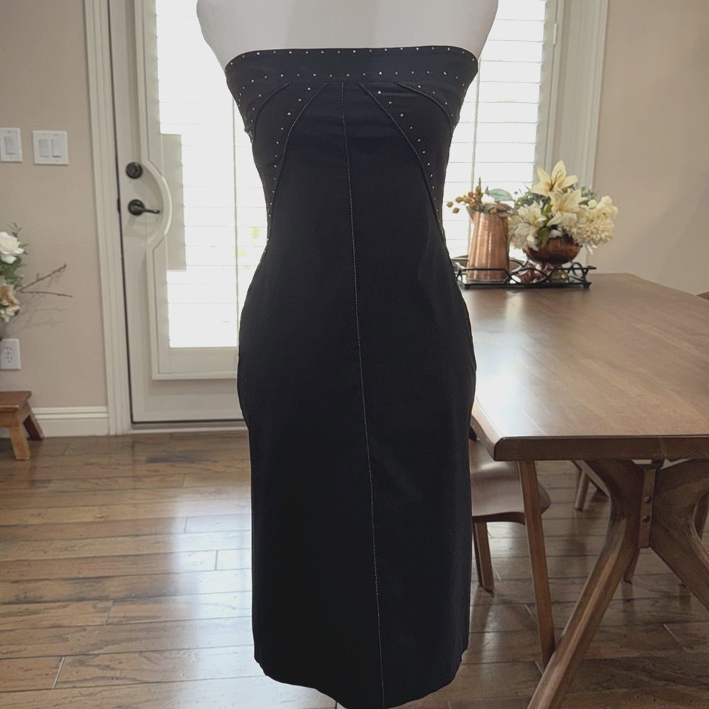 Y2K Strapless Black Bodycon Midi Dress Goth Vamp Romantic Studded UK-Made Sz 8